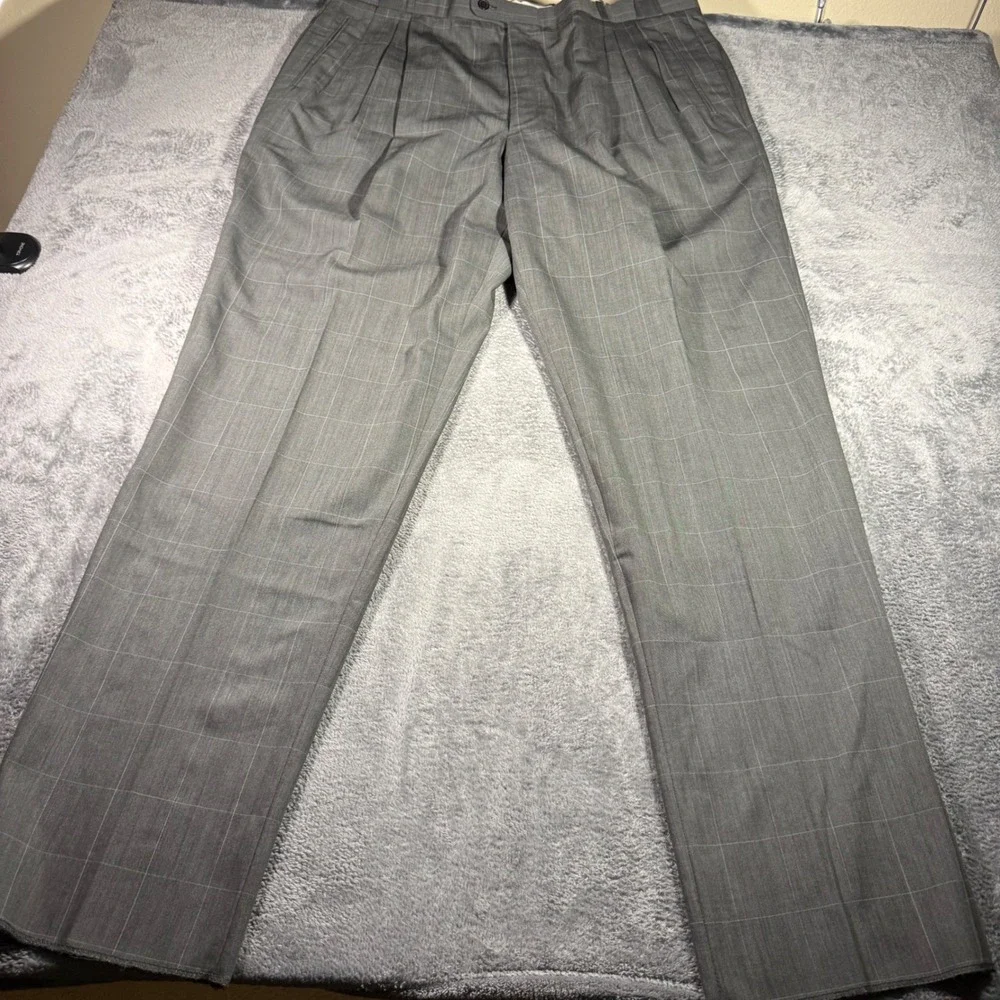 Gray Peters Mens 42x36 Gray Windowpane Plaid 100% Wool Pleated Dress Pants NWT